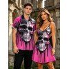 Gothic Couple Outfit Melting Lava Skull Print Spaghetti Strap Mini Dress and Shirt Set - Rouge Rose S | US 4