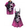 Gothic Couple Outfit Melting Lava Skull Print Spaghetti Strap Mini Dress and Shirt Set - Rouge Rose S | US 4