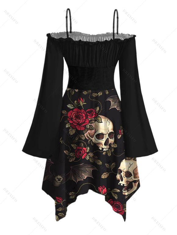 Gothic Halloween Dress Rose Floral Bat Skulls Print Ruffle Off the Shoulder Bell Sleeve Handkerchief Dress - Noir XXL | US 14