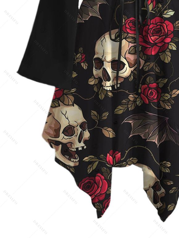 Gothic Halloween Dress Rose Floral Bat Skulls Print Ruffle Off the Shoulder Bell Sleeve Handkerchief Dress - Noir XXL | US 14