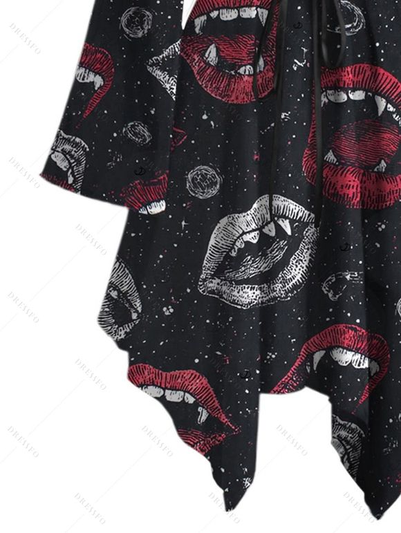 Halloween Gothic Dress Vampire Fangs Lips Print Ruffle Off the Shoulder Bell Sleeve Lace Up Handkerchief Dress - Noir XXL | US 14