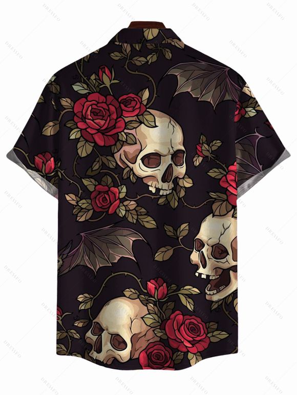 Men's Gothic Halloween Shirt Rose Floral Bat Skulls Print Button Up Shirt - Noir 5XL