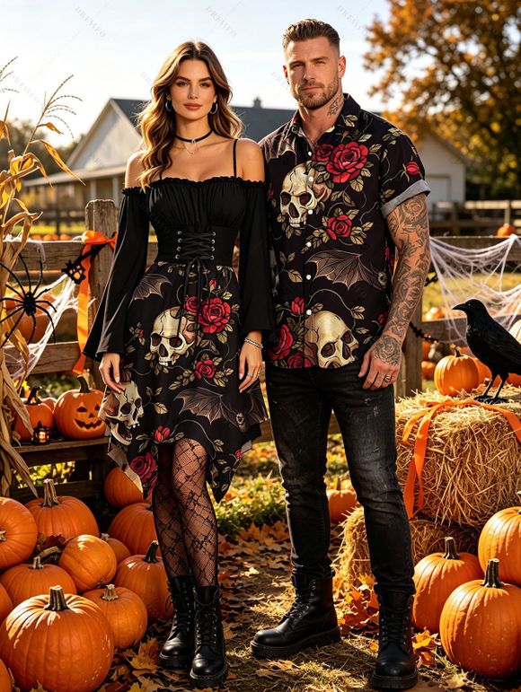 Gothic Halloween Couple Outfit Rose Floral Bat Skulls Print Ruffle Off the Shoulder Handkerchief Dress and Shirt Set - Noir S | US 4