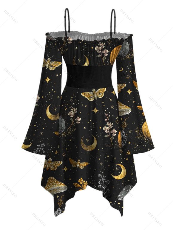 Halloween Gothic Dress Mystical Moon Star Moth Pumpkin Print Ruffle Off the Shoulder Lace Up Bell Sleeve Handkerchief Dress - Noir XXL | US 14
