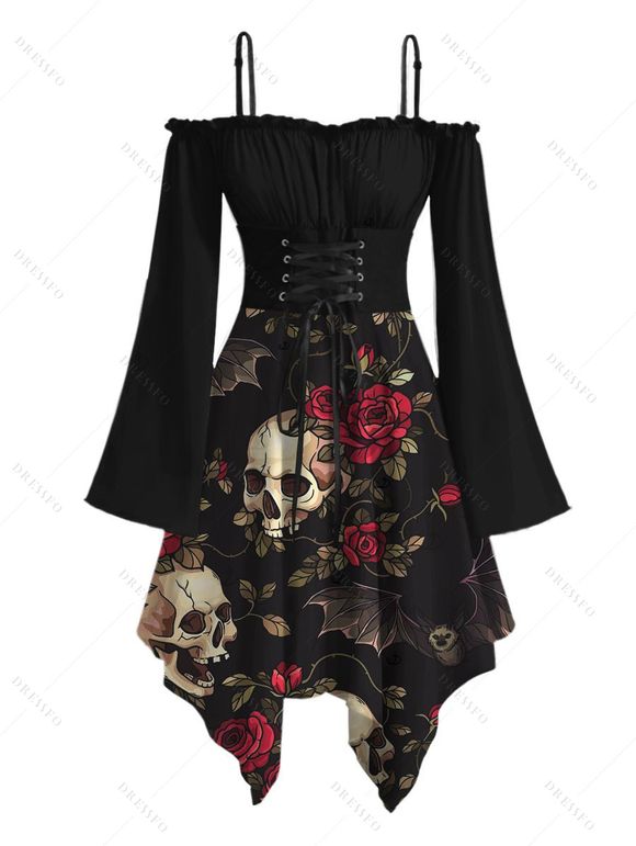 Gothic Halloween Couple Outfit Rose Floral Bat Skulls Print Ruffle Off the Shoulder Handkerchief Dress and Shirt Set - Noir S | US 4