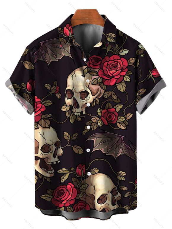 Gothic Halloween Couple Outfit Rose Floral Bat Skulls Print Ruffle Off the Shoulder Handkerchief Dress and Shirt Set - Noir S | US 4