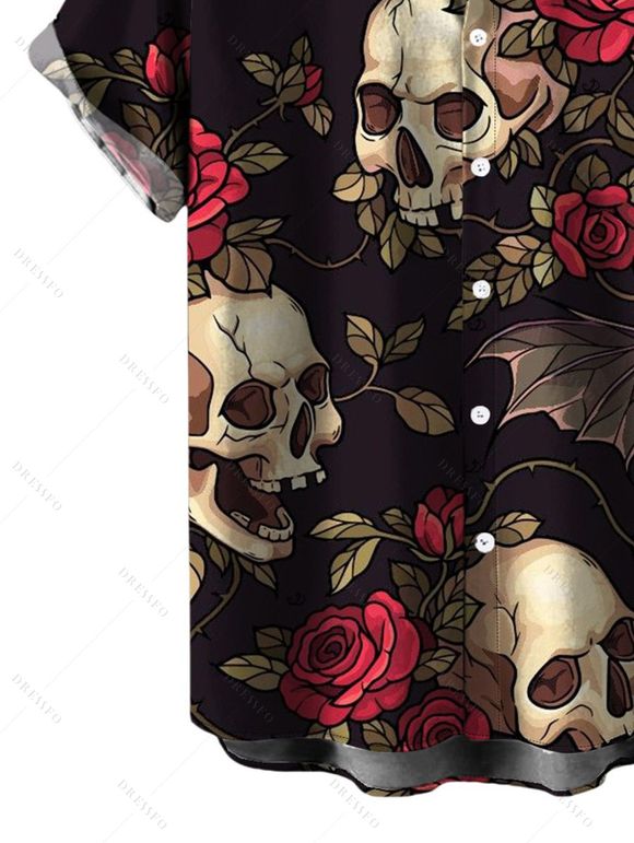 Gothic Halloween Couple Outfit Rose Floral Bat Skulls Print Ruffle Off the Shoulder Handkerchief Dress and Shirt Set - Noir S | US 4