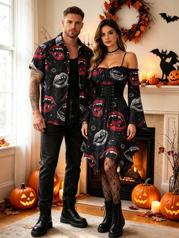 Halloween Gothic Couple Outfit Vampire Fangs Lips Print Ruffle Off the Shoulder Bell Sleeve Lace Up Handkerchief Dress and Shirt Set - Noir S | US 4