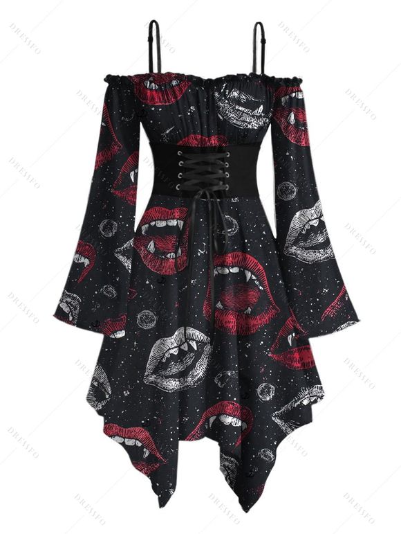 Halloween Gothic Couple Outfit Vampire Fangs Lips Print Ruffle Off the Shoulder Bell Sleeve Lace Up Handkerchief Dress and Shirt Set - Noir S | US 4