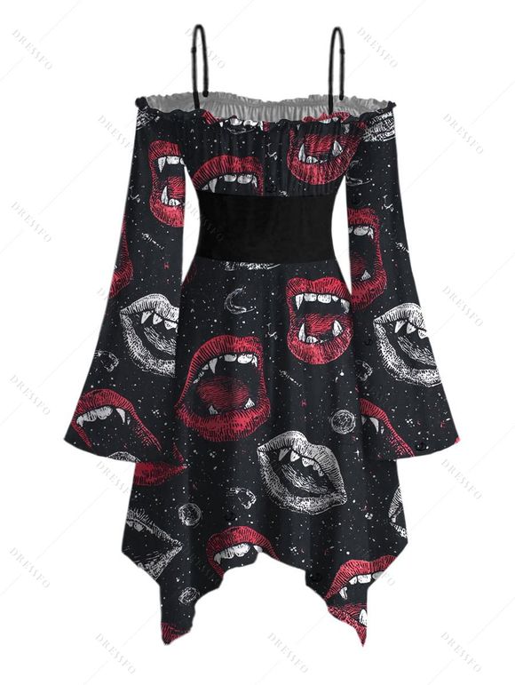 Halloween Gothic Couple Outfit Vampire Fangs Lips Print Ruffle Off the Shoulder Bell Sleeve Lace Up Handkerchief Dress and Shirt Set - Noir S | US 4