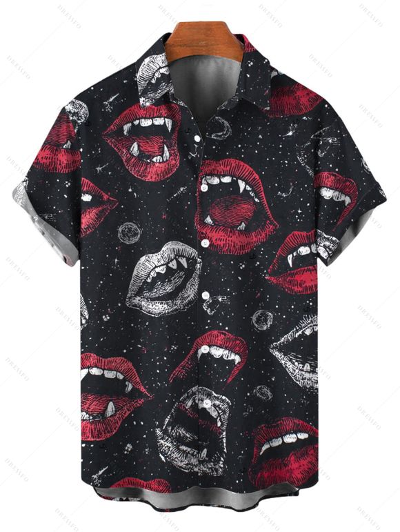 Halloween Gothic Couple Outfit Vampire Fangs Lips Print Ruffle Off the Shoulder Bell Sleeve Lace Up Handkerchief Dress and Shirt Set - Noir S | US 4