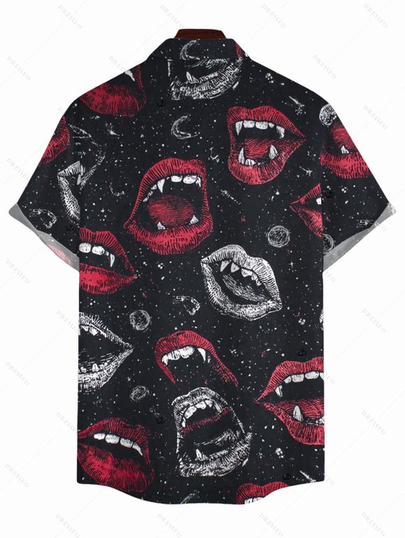 Halloween Gothic Couple Outfit Vampire Fangs Lips Print Ruffle Off the Shoulder Bell Sleeve Lace Up Handkerchief Dress and Shirt Set - Noir S | US 4