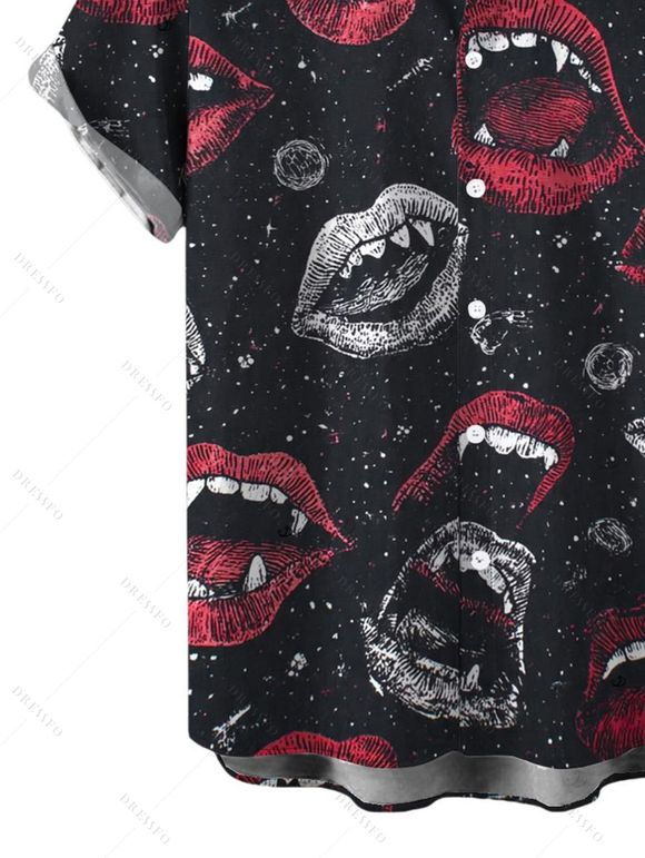 Halloween Gothic Couple Outfit Vampire Fangs Lips Print Ruffle Off the Shoulder Bell Sleeve Lace Up Handkerchief Dress and Shirt Set - Noir S | US 4