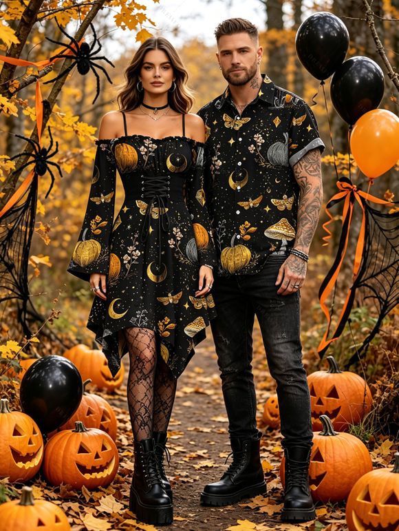 Halloween Gothic Couple Outfit Mystical Moon Star Moth Pumpkin Print Ruffle Off the Shoulder Lace Up Bell Sleeve Handkerchief Dress and Shirt Set - Noir S | US 4
