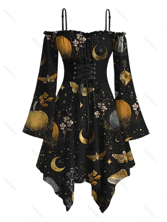 Halloween Gothic Couple Outfit Mystical Moon Star Moth Pumpkin Print Ruffle Off the Shoulder Lace Up Bell Sleeve Handkerchief Dress and Shirt Set - Noir S | US 4
