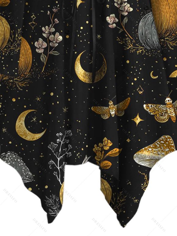 Halloween Gothic Couple Outfit Mystical Moon Star Moth Pumpkin Print Ruffle Off the Shoulder Lace Up Bell Sleeve Handkerchief Dress and Shirt Set - Noir S | US 4