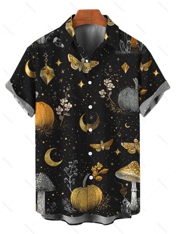 Halloween Gothic Couple Outfit Mystical Moon Star Moth Pumpkin Print Ruffle Off the Shoulder Lace Up Bell Sleeve Handkerchief Dress and Shirt Set - Noir S | US 4