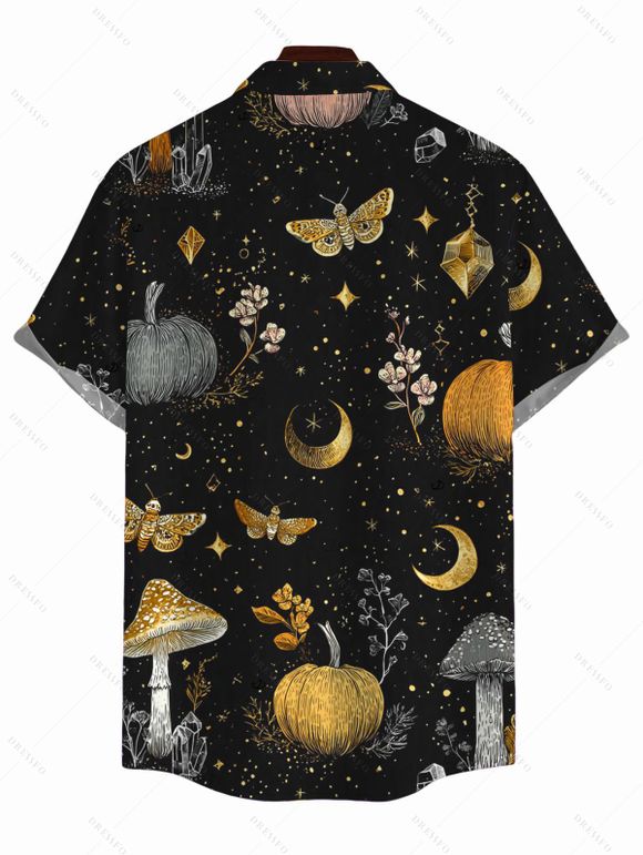 Halloween Gothic Couple Outfit Mystical Moon Star Moth Pumpkin Print Ruffle Off the Shoulder Lace Up Bell Sleeve Handkerchief Dress and Shirt Set - Noir S | US 4