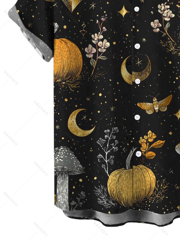 Halloween Gothic Couple Outfit Mystical Moon Star Moth Pumpkin Print Ruffle Off the Shoulder Lace Up Bell Sleeve Handkerchief Dress and Shirt Set - Noir S | US 4