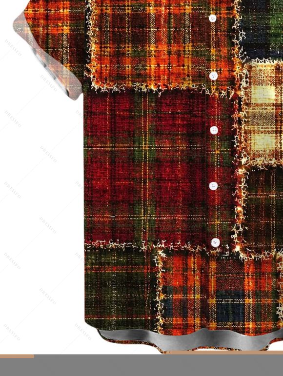 Men's Christmas Shirt Vintage Plaid Patchwork Raw‑Edge Patch Print Button Up Shirt - Brun S