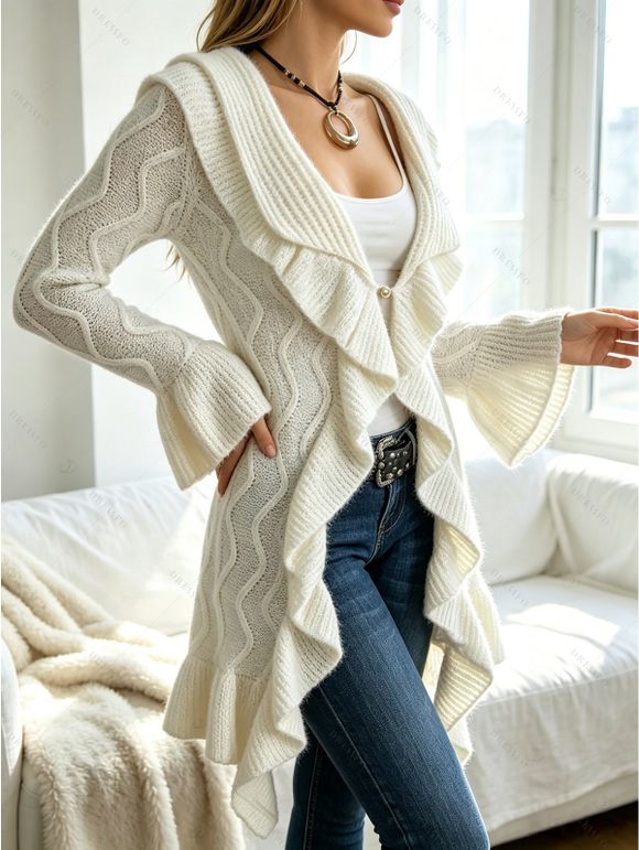 Ruffle Bell Sleeve Sweater Coat Wavy Asymmetrical Hem Solid Color Mid‑Long Knit Cardigan Coat - Beige XL | US 12