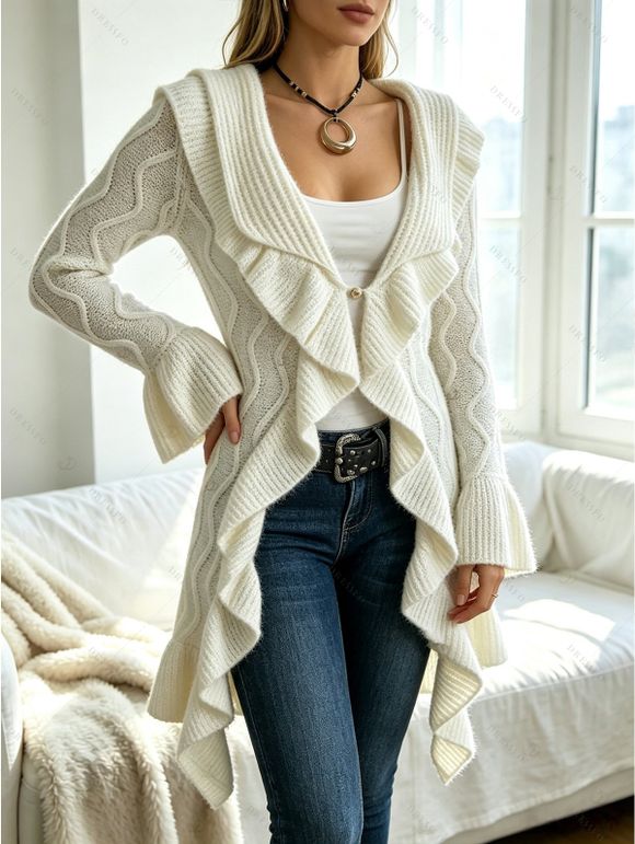 Ruffle Bell Sleeve Sweater Coat Wavy Asymmetrical Hem Solid Color Mid‑Long Knit Cardigan Coat - Beige XL | US 12