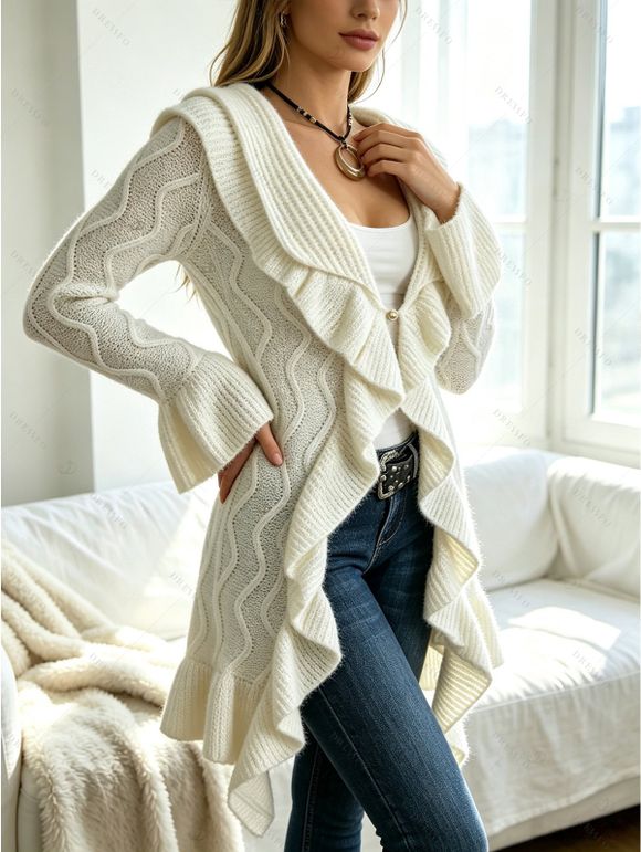 Ruffle Bell Sleeve Sweater Coat Wavy Asymmetrical Hem Solid Color Mid‑Long Knit Cardigan Coat - Beige XL | US 12