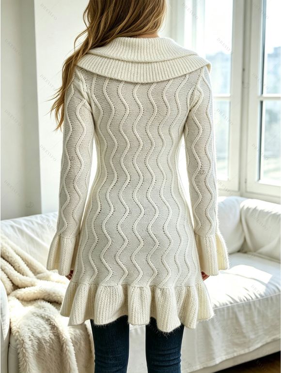 Ruffle Bell Sleeve Sweater Coat Wavy Asymmetrical Hem Solid Color Mid‑Long Knit Cardigan Coat - Beige XL | US 12