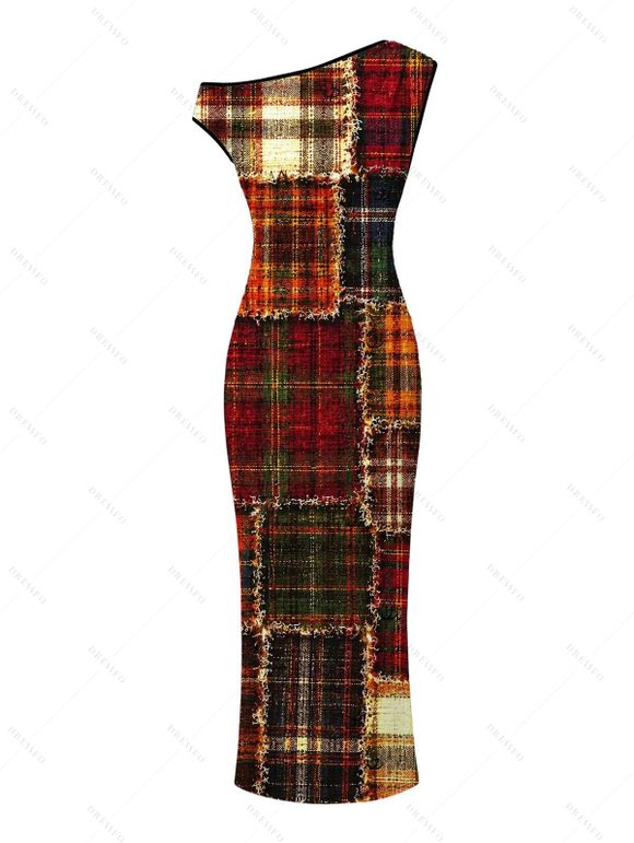 Christmas Couple Outfit Vintage Plaid Patchwork Raw‑Edge Patch Print Skew Neck Bodycon Dress and Shirt Set - Brun S | US 4