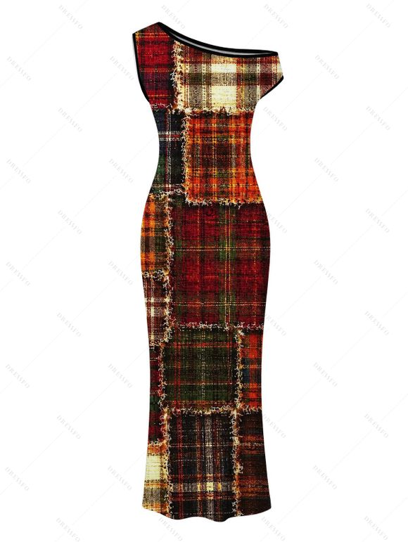Christmas Couple Outfit Vintage Plaid Patchwork Raw‑Edge Patch Print Skew Neck Bodycon Dress and Shirt Set - Brun S | US 4