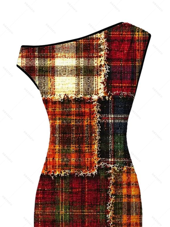 Christmas Couple Outfit Vintage Plaid Patchwork Raw‑Edge Patch Print Skew Neck Bodycon Dress and Shirt Set - Brun S | US 4