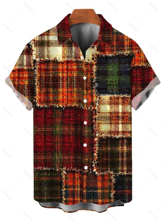 Christmas Couple Outfit Vintage Plaid Patchwork Raw‑Edge Patch Print Skew Neck Bodycon Dress and Shirt Set - Brun S | US 4