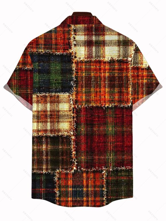 Christmas Couple Outfit Vintage Plaid Patchwork Raw‑Edge Patch Print Skew Neck Bodycon Dress and Shirt Set - Brun S | US 4