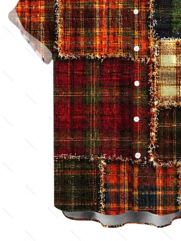 Christmas Couple Outfit Vintage Plaid Patchwork Raw‑Edge Patch Print Skew Neck Bodycon Dress and Shirt Set - Brun S | US 4