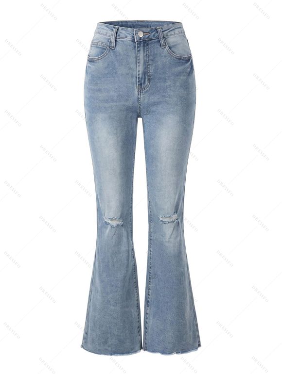 Ripped Flare Jeans Stretchy Raw Hem High Waist Denim Pants - Bleu clair XXL | US 14