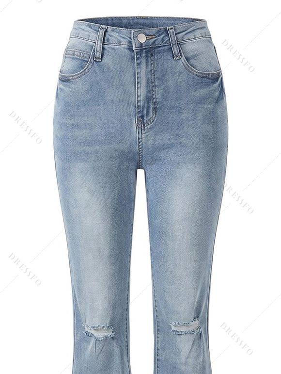 Ripped Flare Jeans Stretchy Raw Hem High Waist Denim Pants - Bleu clair XXL | US 14