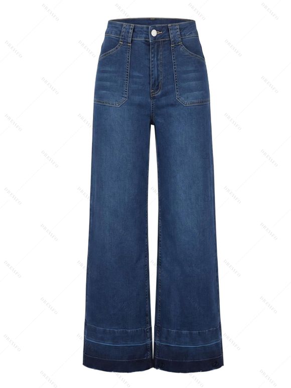 Vintage Wash Jeans High Waist Pocket Zipper Fly Wide‑Leg Denim Pants - Bleu profond XXL | US 14