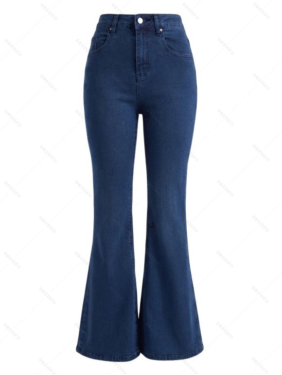 High Waist Flare Jeans Pocket Zipper Fly Denim Pants - Bleu profond XL | US 12