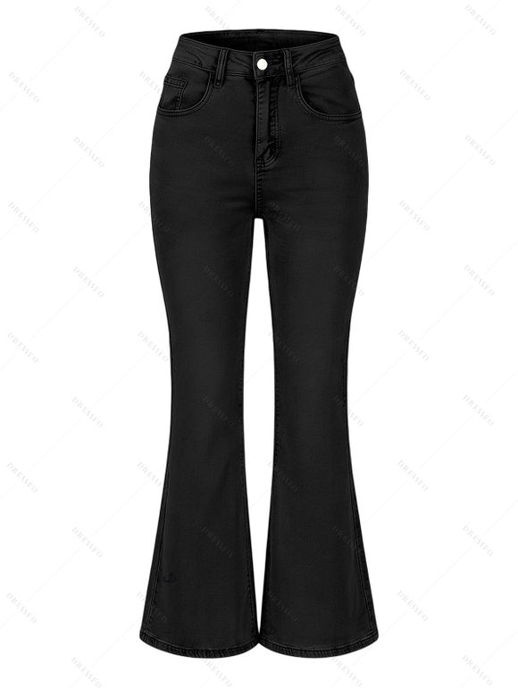 High Waist Flare Jeans Pocket Zipper Fly Denim Pants - Noir S | US 4