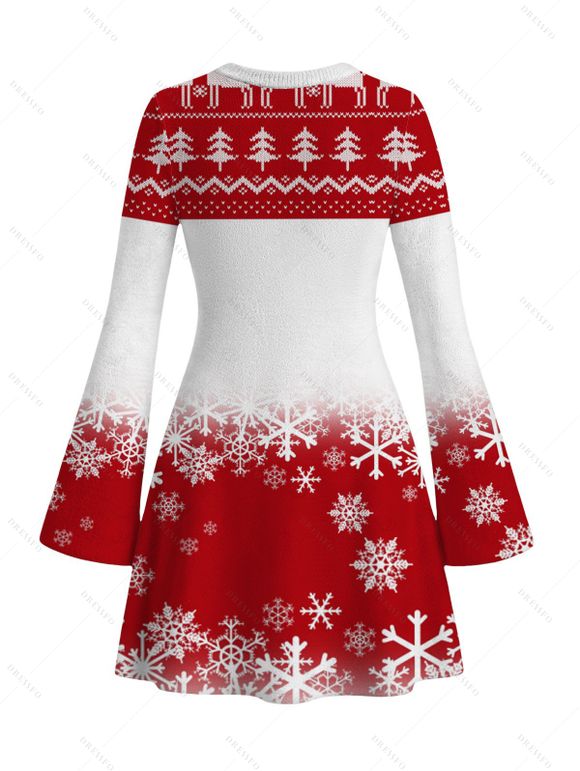 Christmas Party Dress Colorblock Christmas Tree Snowflake Print Bell Sleeve A Line Mini Dress - Rouge S | US 4