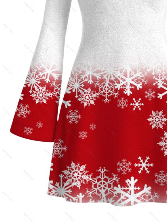 Christmas Party Dress Colorblock Christmas Tree Snowflake Print Bell Sleeve A Line Mini Dress - Rouge S | US 4