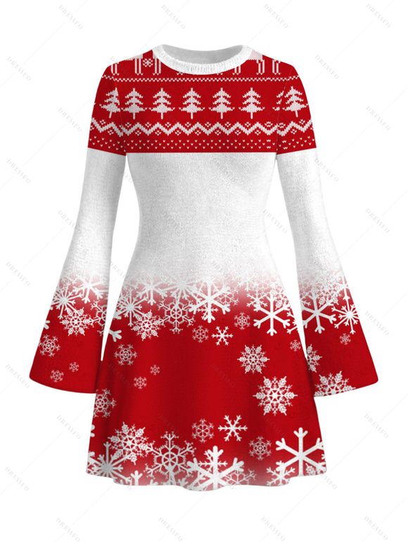 Christmas Couple Outfit Colorblock Christmas Tree Snowflake Print Bell Sleeve A Line Mini Party Dress and Shirt Set - Rouge S | US 4