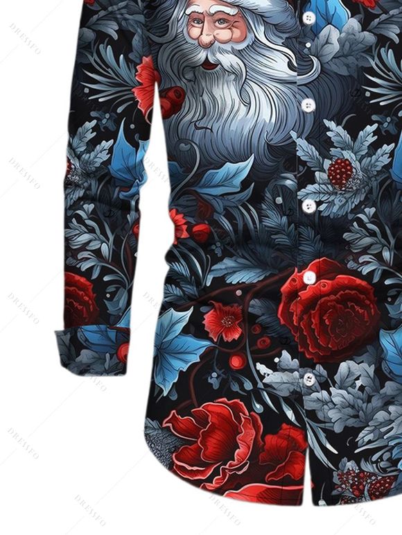 Men's Vintage Christmas Shirt Santa Claus Rose Floral Leaf Print Long Sleeve Button Up Shirt - Noir M