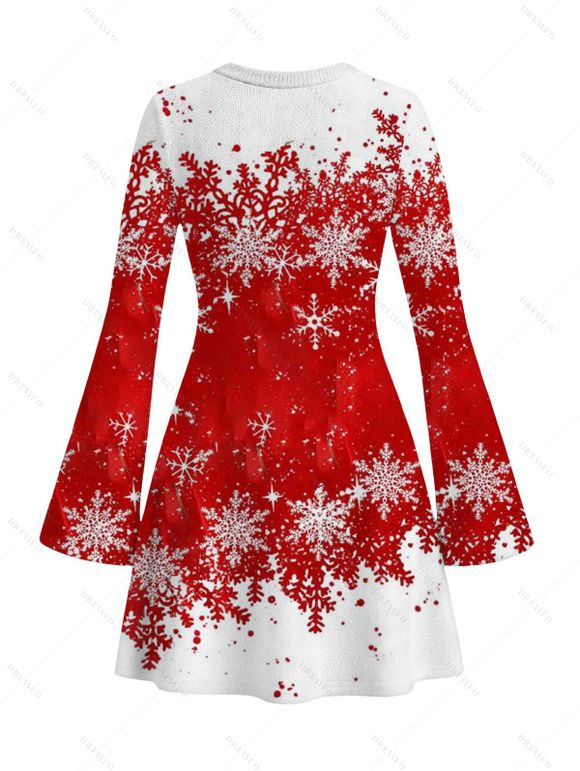 Christmas Party Dress Colorblock Snowman Snowflake Print Bell Sleeve A Line Mini Dress - Rouge S | US 4