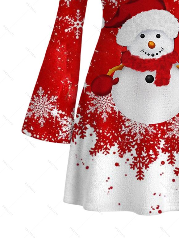 Christmas Party Dress Colorblock Snowman Snowflake Print Bell Sleeve A Line Mini Dress - Rouge S | US 4
