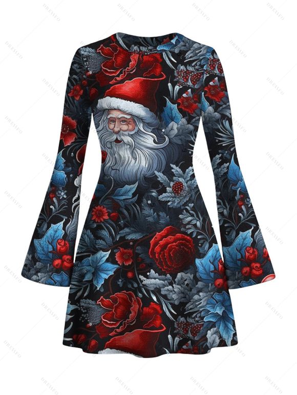Vintage Christmas Couple Outfit Santa Claus Rose Floral Leaf Print Bell Sleeve A Line Mini Party Dress and Shirt Set - Noir S | US 4