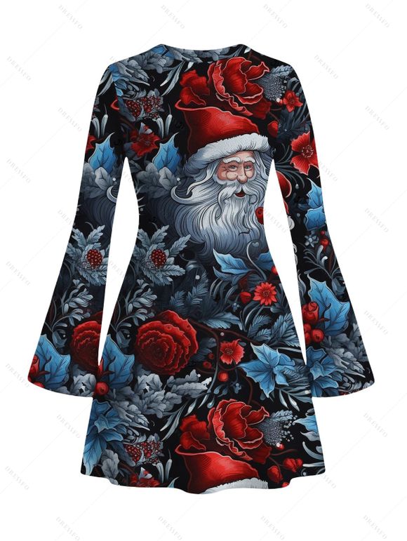 Vintage Christmas Party Dress Santa Claus Rose Floral Leaf Print Bell Sleeve A Line Mini Dress - Noir XL | US 12