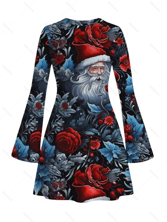 Vintage Christmas Couple Outfit Santa Claus Rose Floral Leaf Print Bell Sleeve A Line Mini Party Dress and Shirt Set - Noir S | US 4