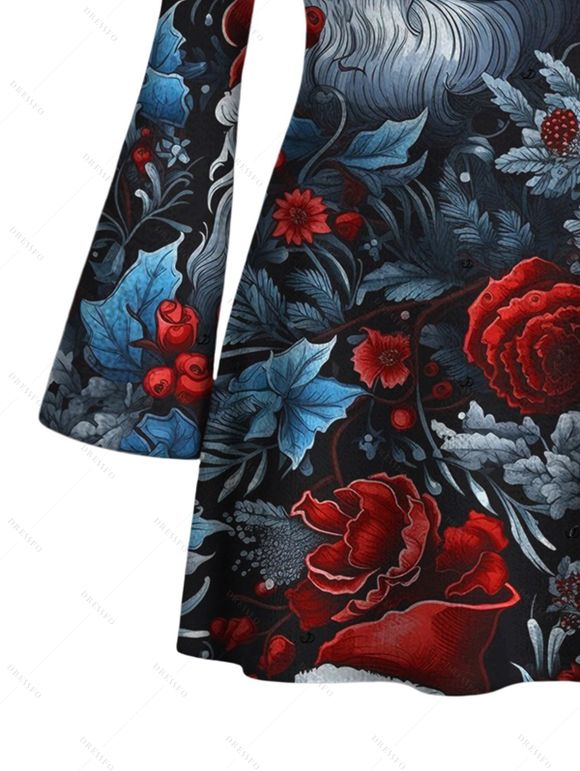 Vintage Christmas Party Dress Santa Claus Rose Floral Leaf Print Bell Sleeve A Line Mini Dress - Noir XL | US 12