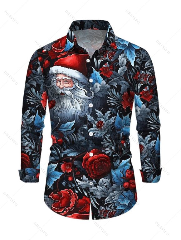 Vintage Christmas Couple Outfit Santa Claus Rose Floral Leaf Print Bell Sleeve A Line Mini Party Dress and Shirt Set - Noir S | US 4